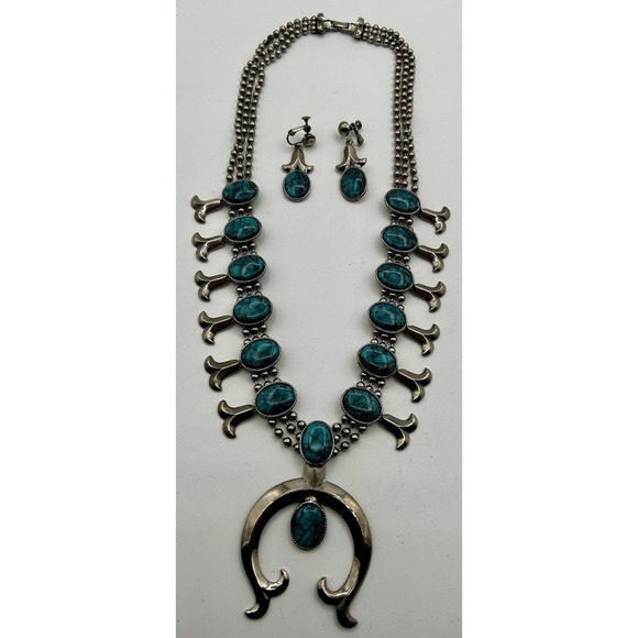 Goldette Jewelry - Vintage Goldette Faux Turquoise Squash Blossom Necklace And Earrings Set